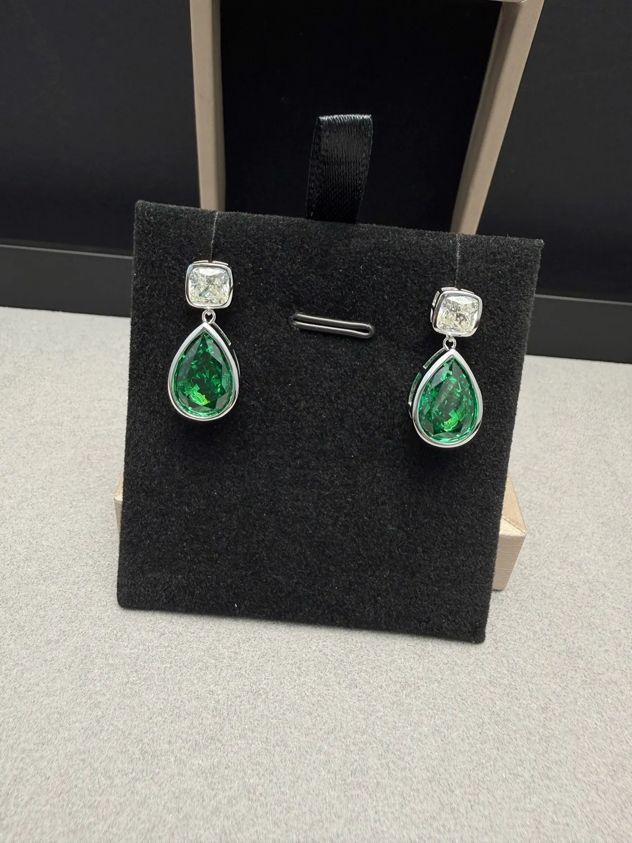 Two-Stone Teardrop Green and Clear Gem Drop Earrings