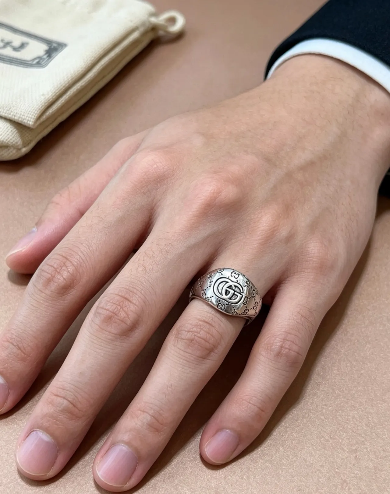 Gucci GG Monogram Ring Silver Black Polished Enamel Ring