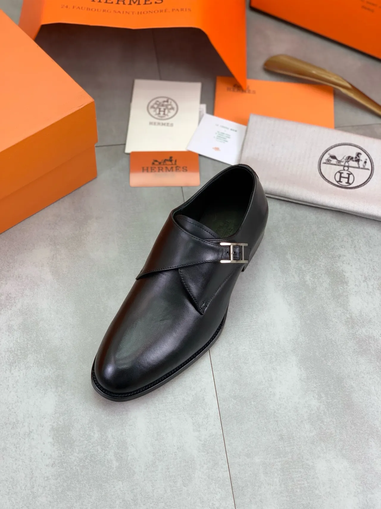 Hermès H Monk Black Polished Leather Monk Shoes