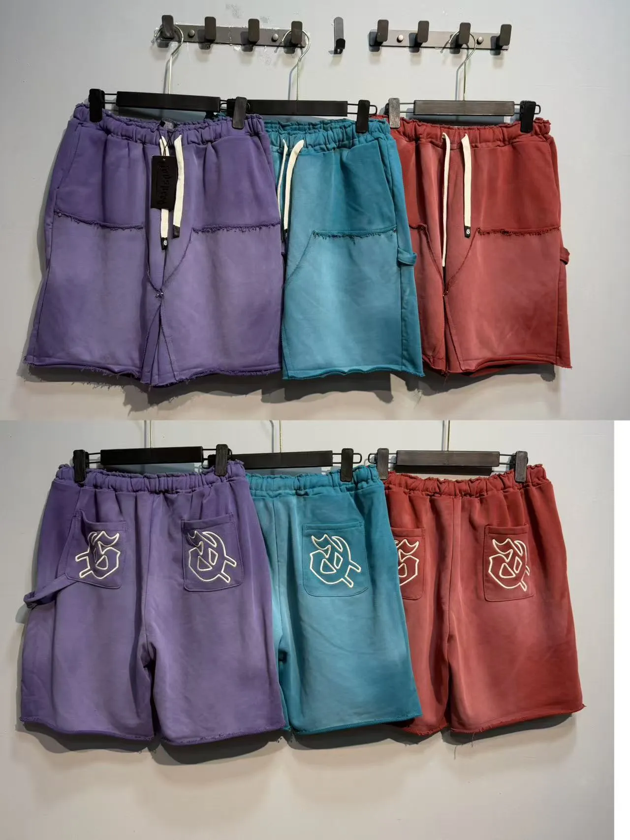 Purple Blue Elastic Waist Patch Pockets Shorts