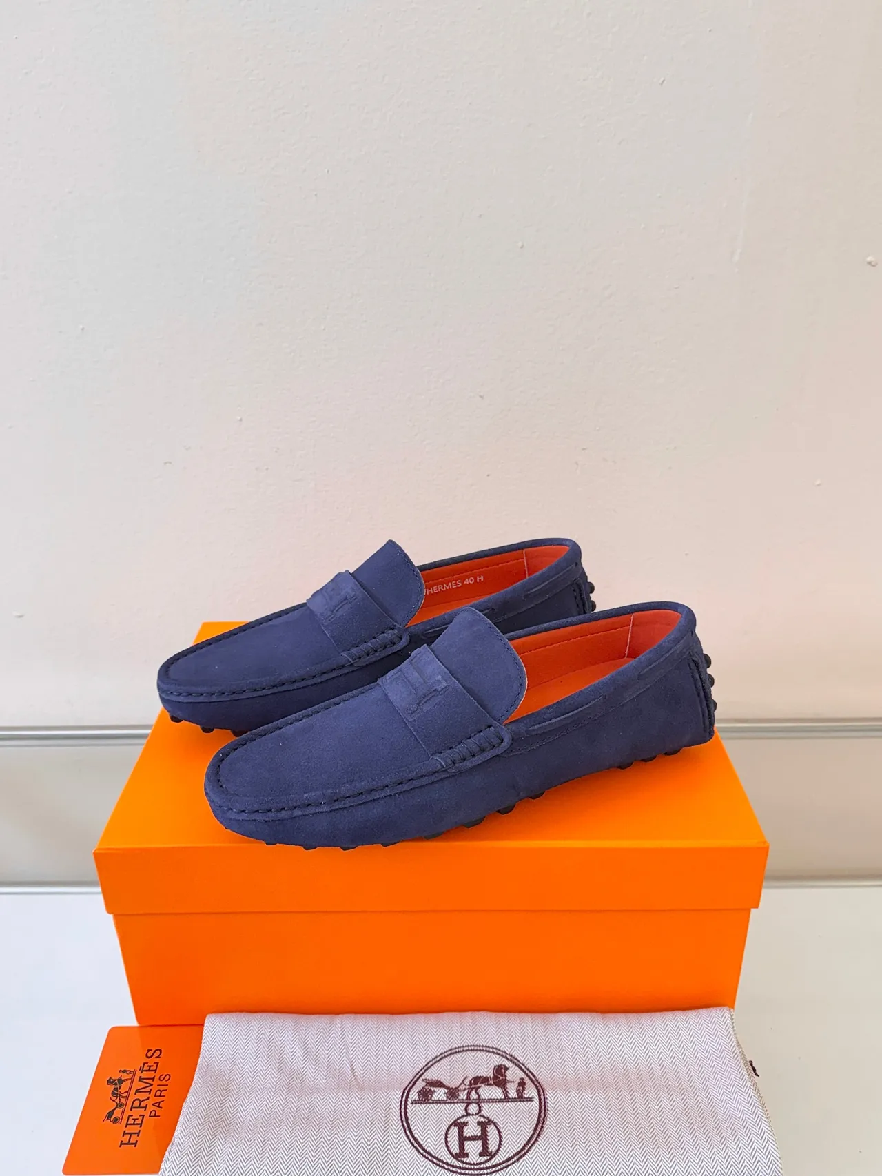 Hermès H-Strap Loafer Navy Orange Suede Upper Detail Loafer