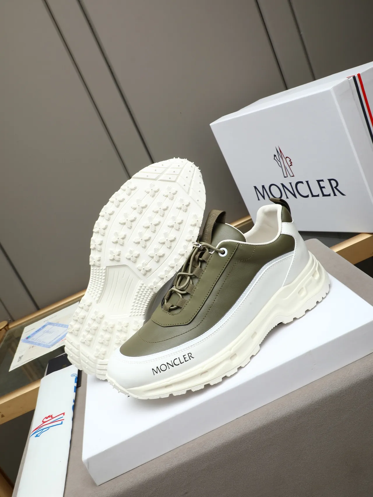 Moncler Olive Green and White Leather-Paneled Lifestyle Sneakers