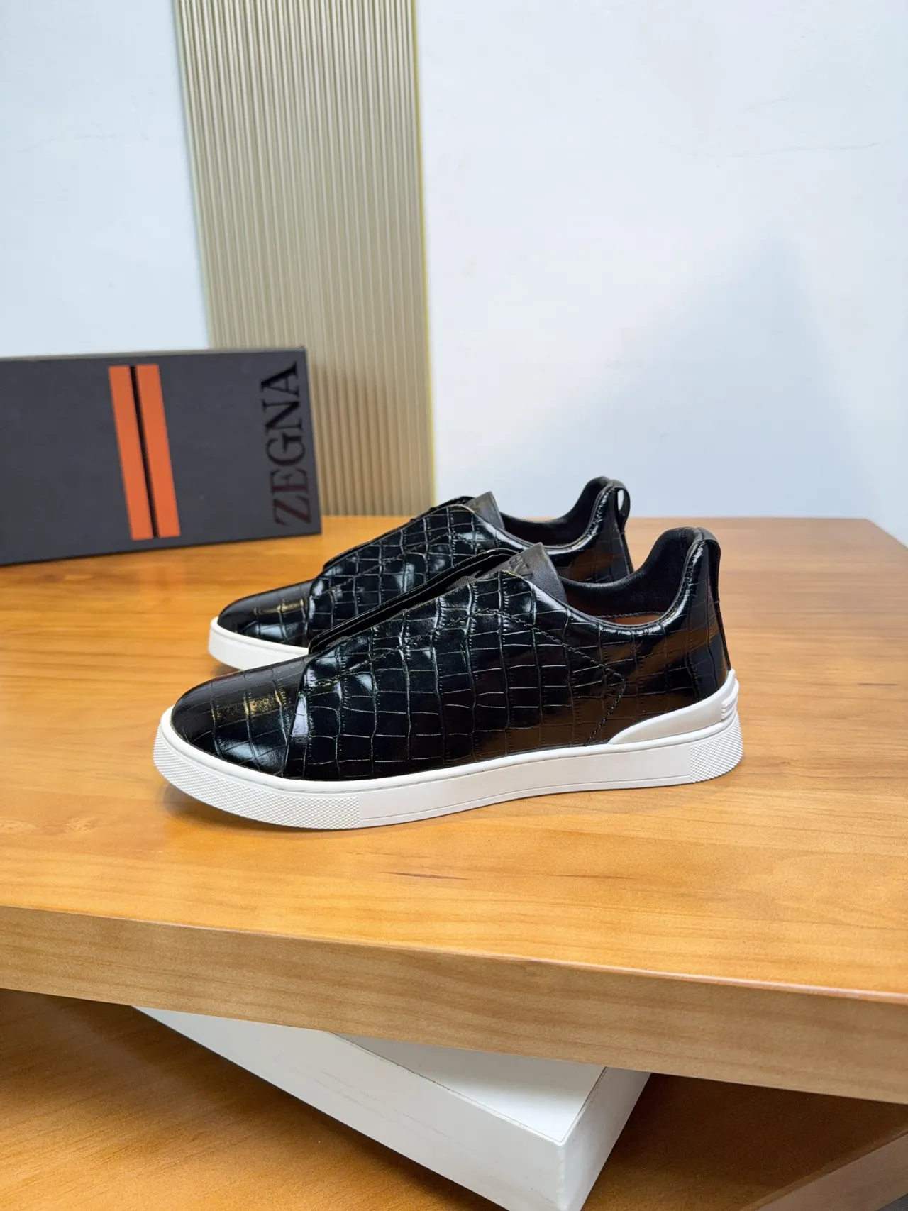 Zegna Croc-Embossed Black Slip-On Lifestyle Sneakers