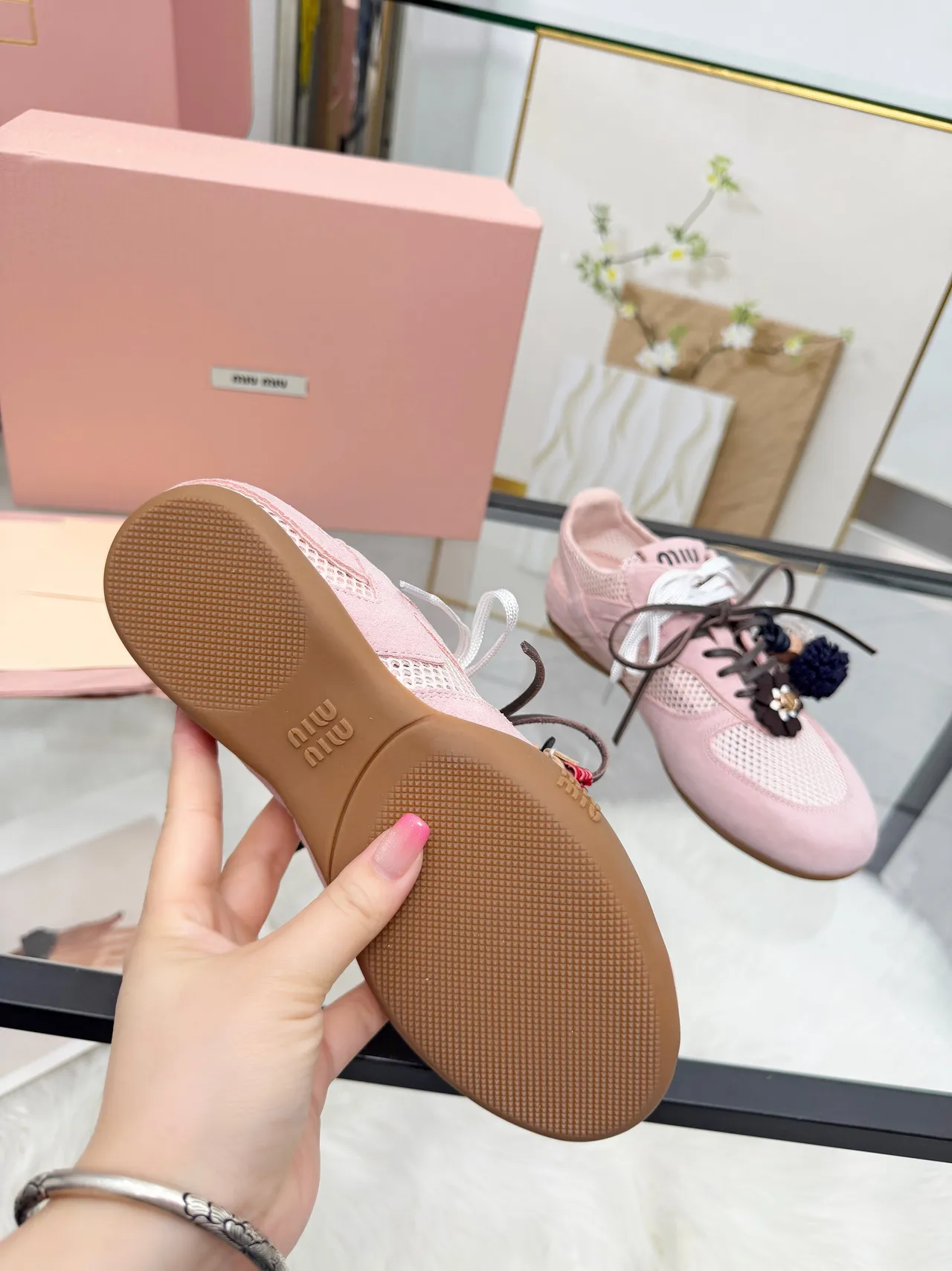 Miu Miu Pink Brown Suede And Mesh Upper Dual-Tone Laces Lifestyle Sneakers