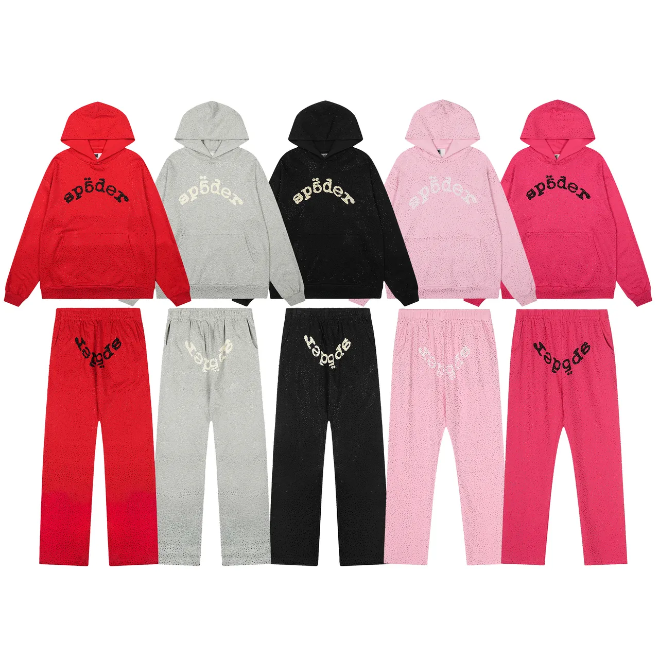 Sp5der Red Perforated Fabric Texture Arched Embroidered Logo Tracksuit