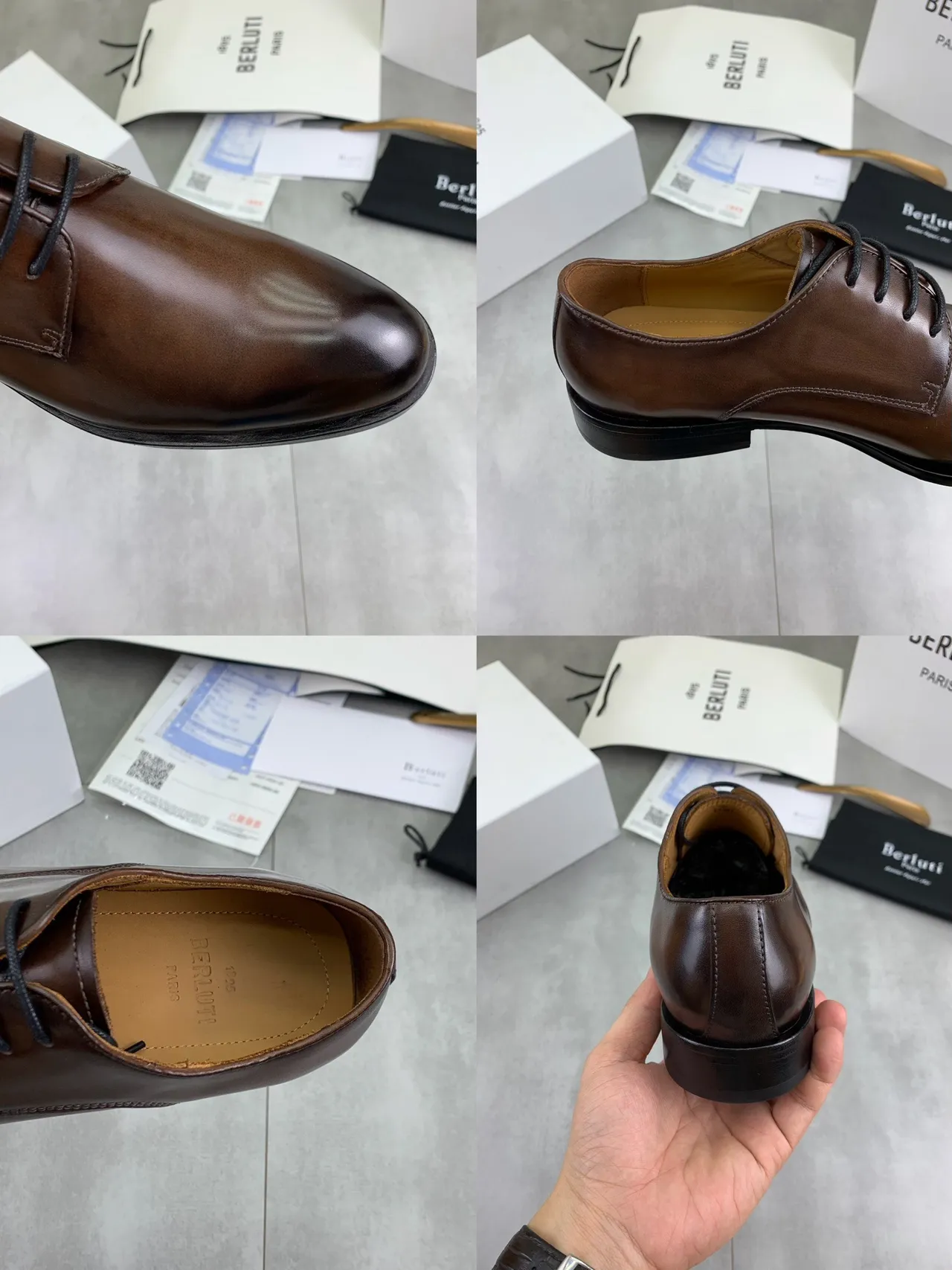 BERLUTI Brown Black Polished Leather Cap Toe Oxford Shoes