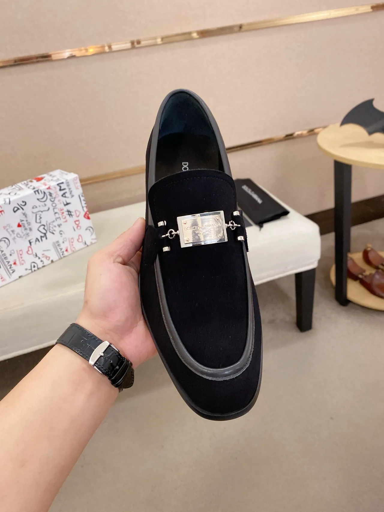 Dolce & Gabbana Portofino Black Gray Suede Metal Plaque Detail Loafer