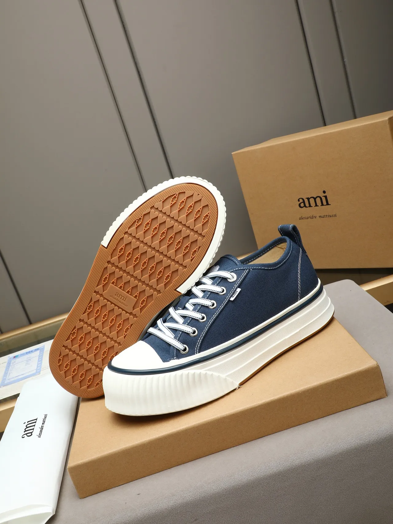 AMI Paris Canvas Platform Sneaker Navy White Upper Sole Lifestyle Sneakers