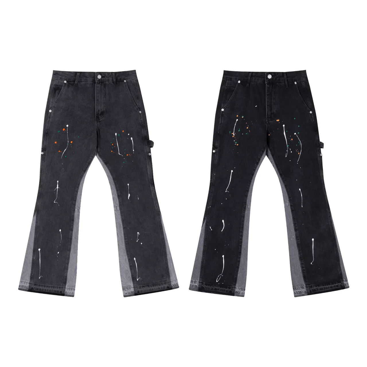 Black Paint-Splatter Flared Contrast-Panel Jeans