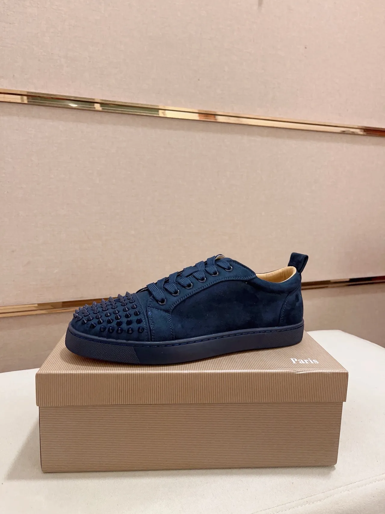 Christian Louboutin Navy Beige Suede Spiked Toe Cap Lifestyle Sneakers