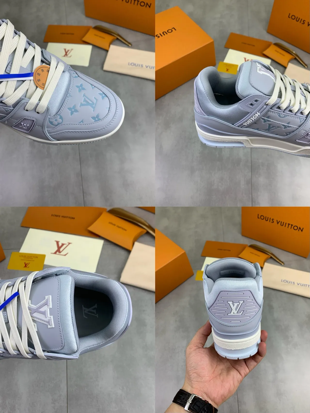 Louis Vuitton LV Trainer Purple White Monogram-Print Leather Upper Structured Side Cage Lifestyle Sneakers