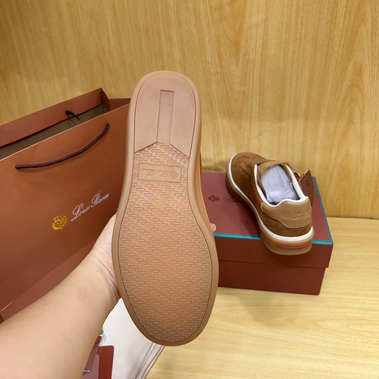 Loro Piana Brown Beige Suede Upper Gum Rubber Sole Sneakers