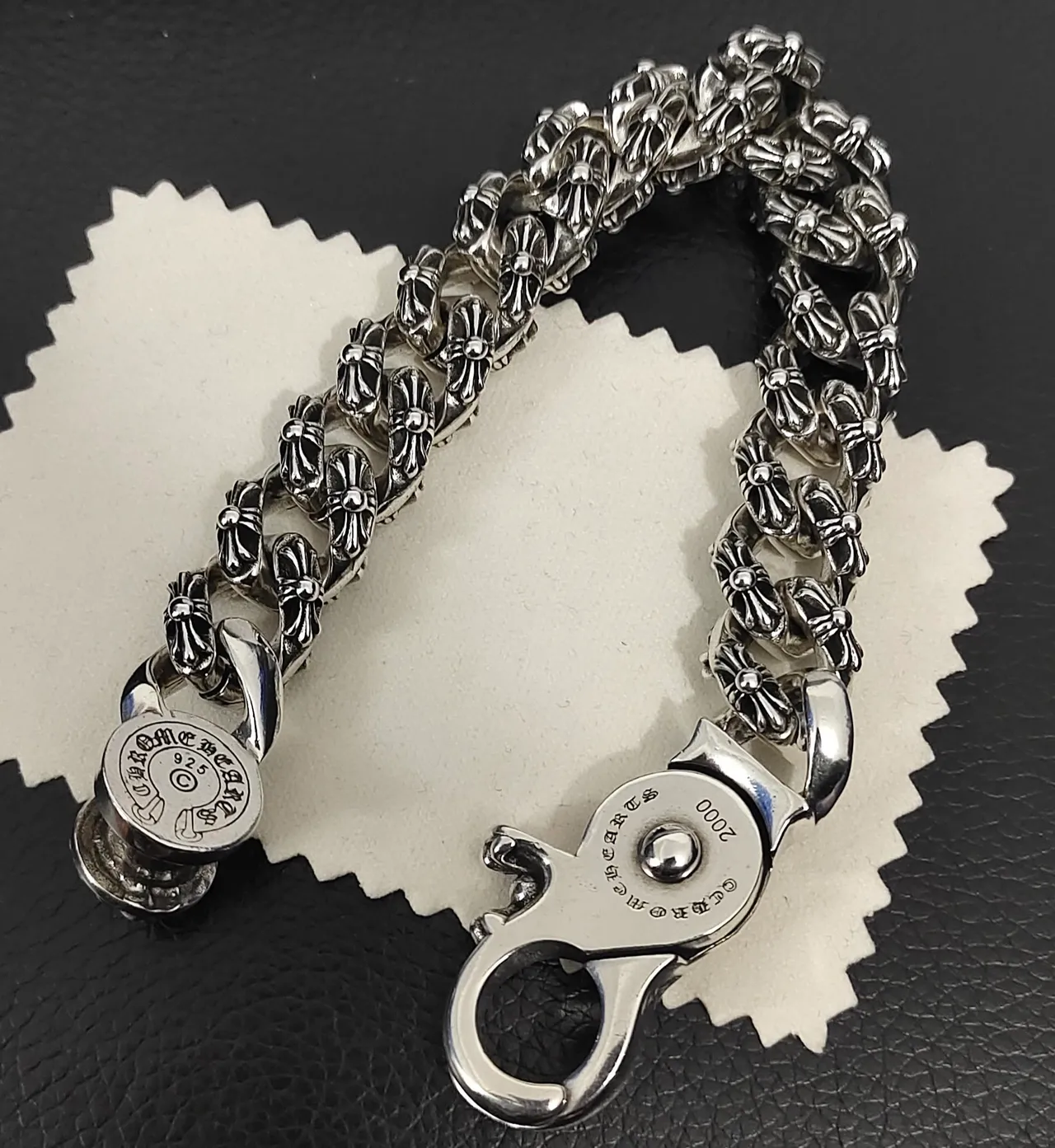 Chrome Hearts Silver Black Heavy Curb Chain Floral Cross Motifs Bracelet