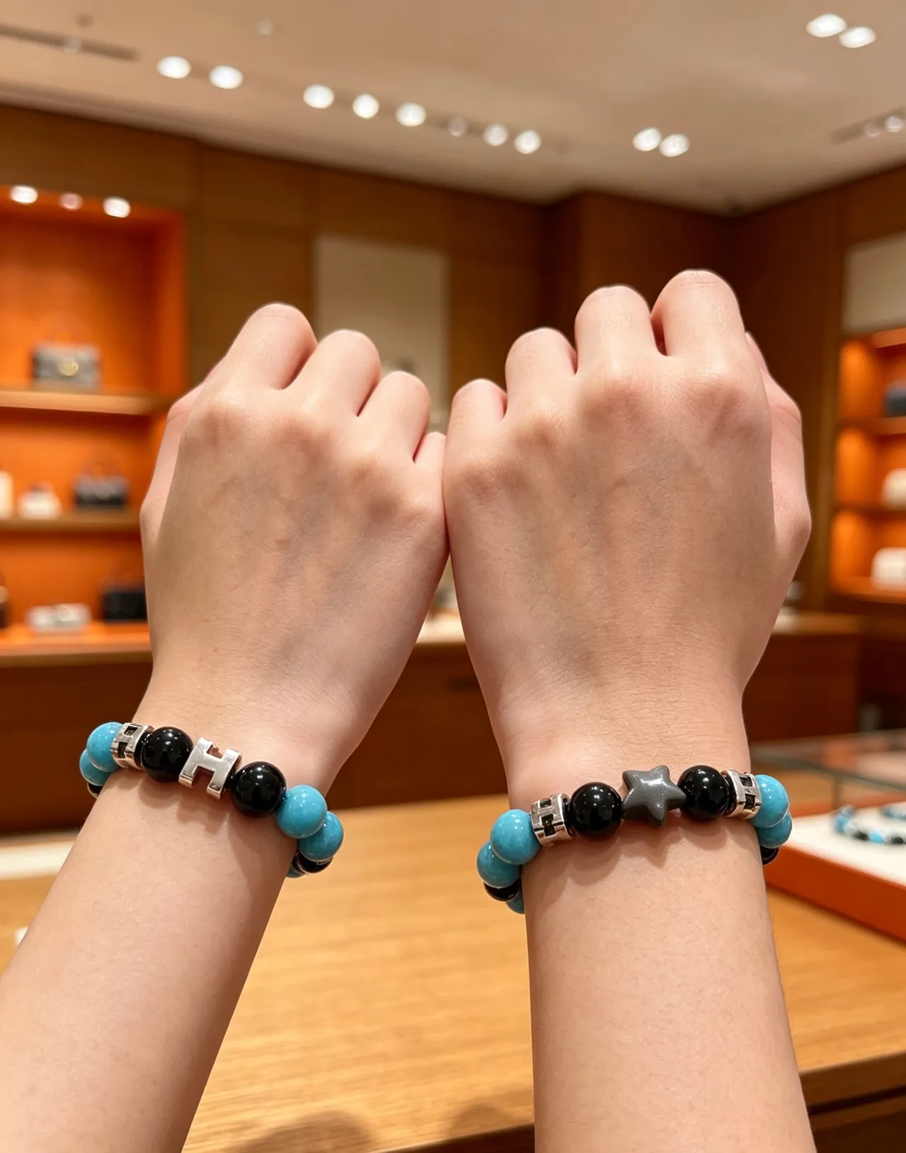 Hermès H Collection Black Blue Beaded Stretch Hardware Bracelet