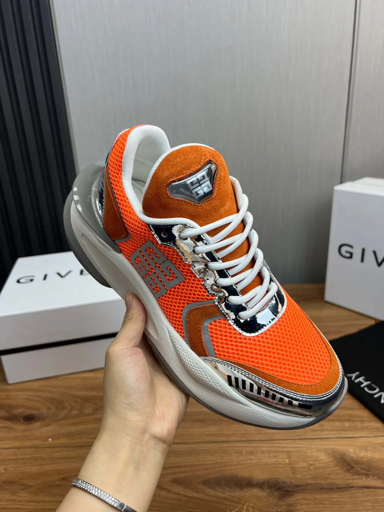 Givenchy Orange Silver Sole Mesh And Suede Upper Chunky Sneakers