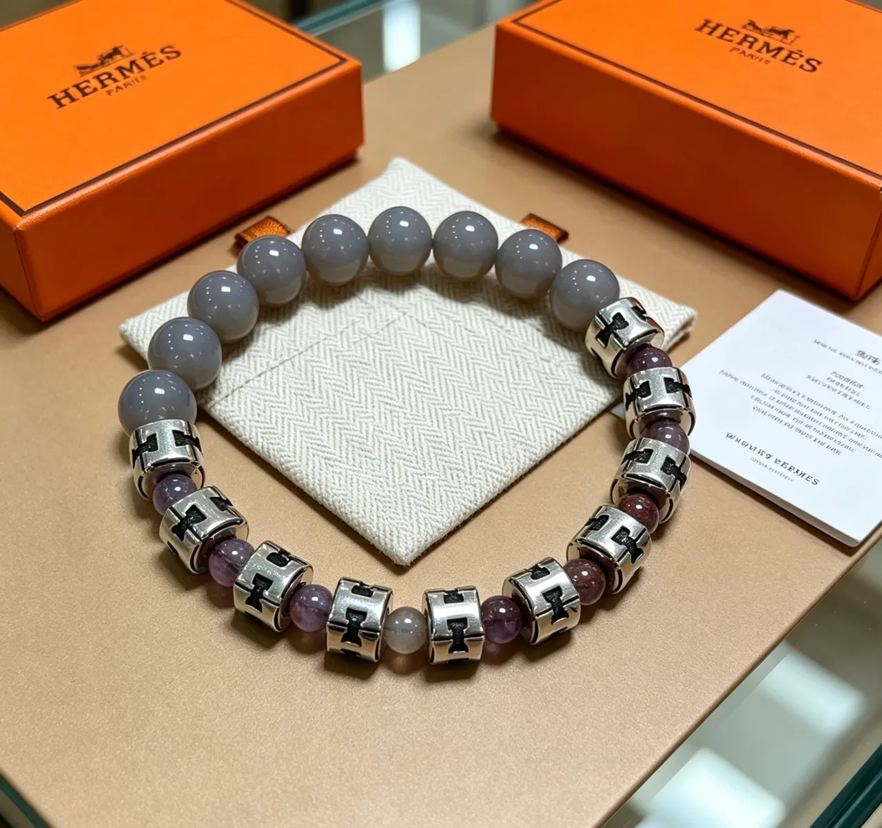 Hermès H-Spacer Gray Purple Beaded Bracelet
