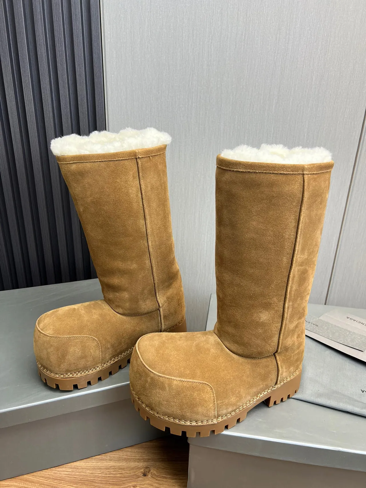Balenciaga Defender Brown Beige Suede Shearling-Lined Knee Boots