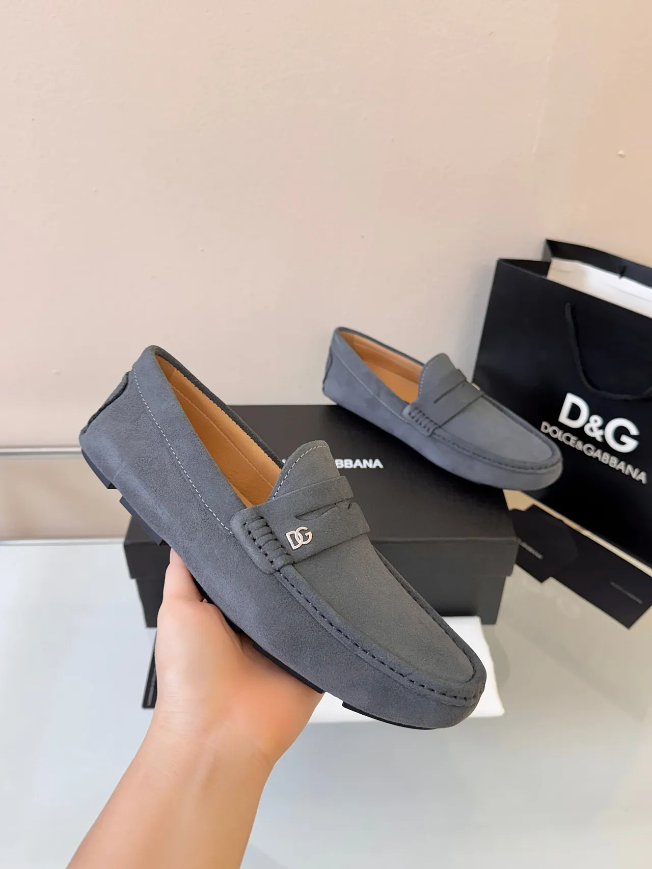 Dolce & Gabbana Penny Loafer Gray Beige Suede Upper Strap Loafer