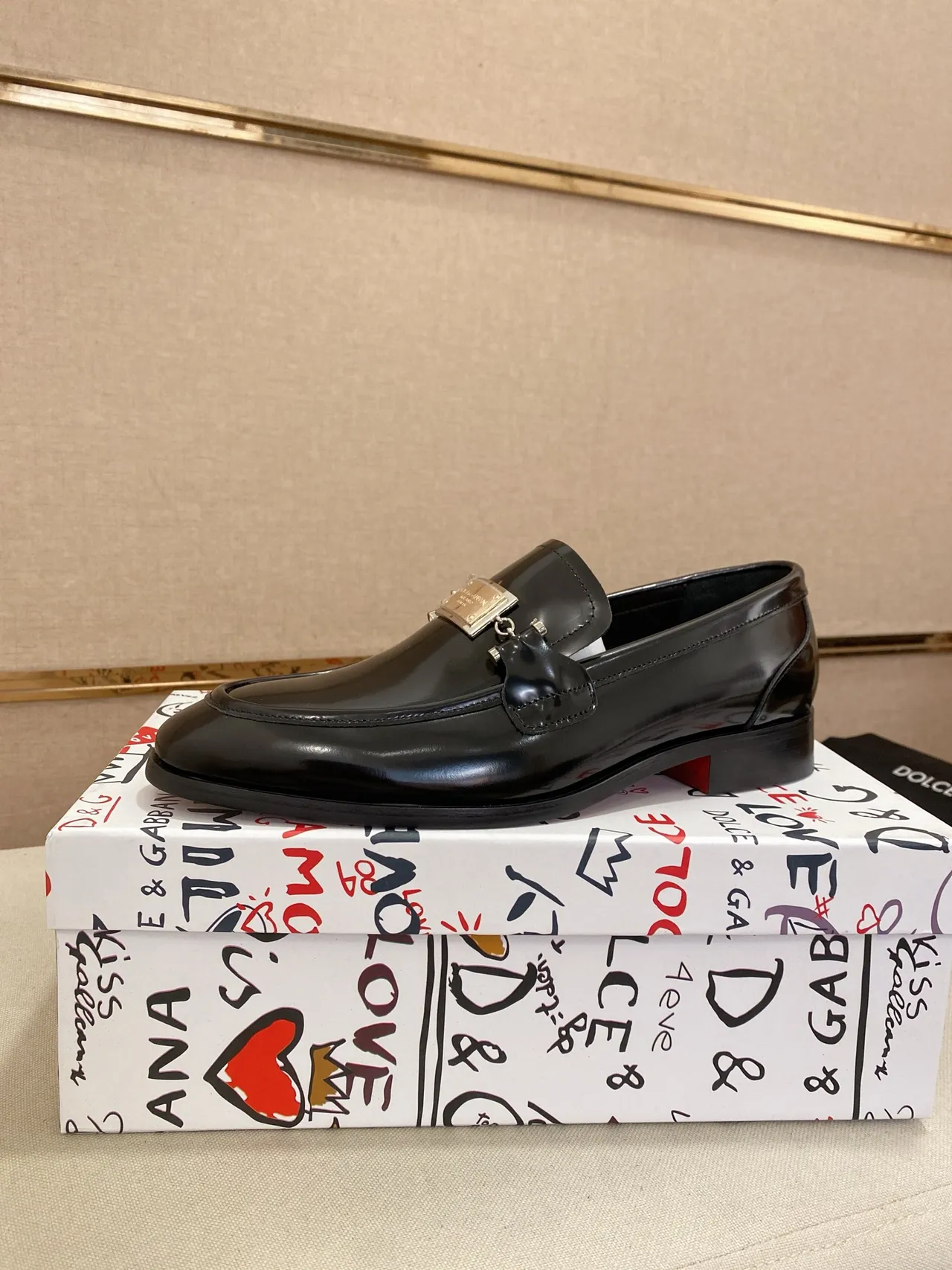 Dolce & Gabbana Portofino Black Red Glossy Patent Leather Moccasin Stitching Loafer