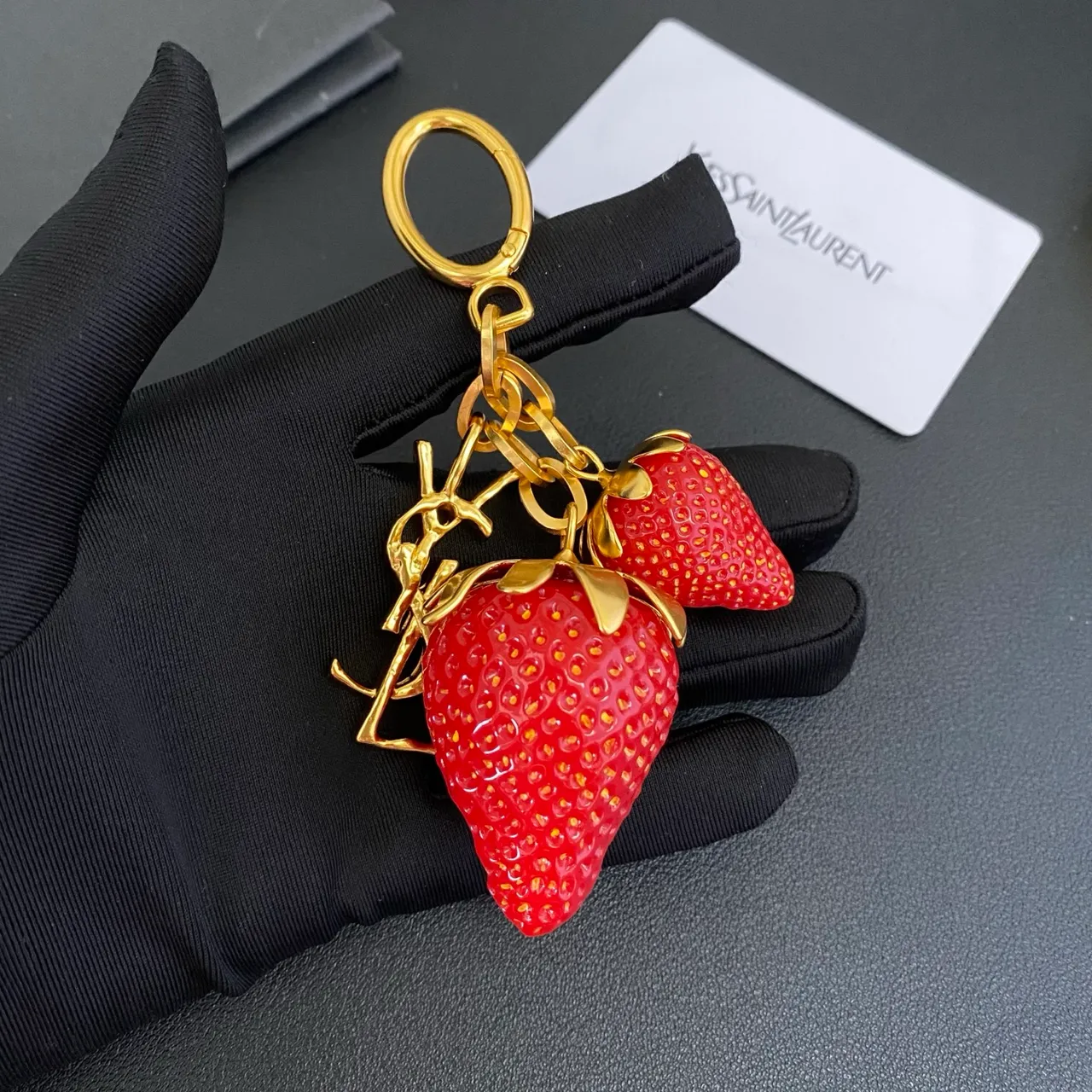 Saint Laurent Strawberry Keychain Red Gold Resin Charms Metal YSL Monogram Bracelet