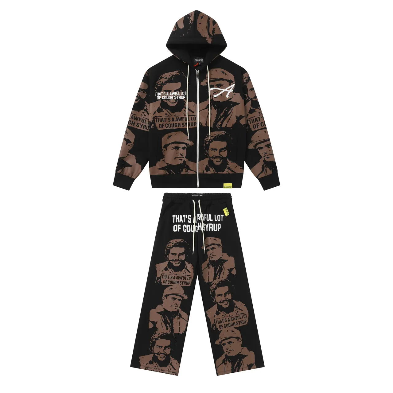 Black and Brown All-Over Print Zip-Front Hoodie and Pants Tracksuit