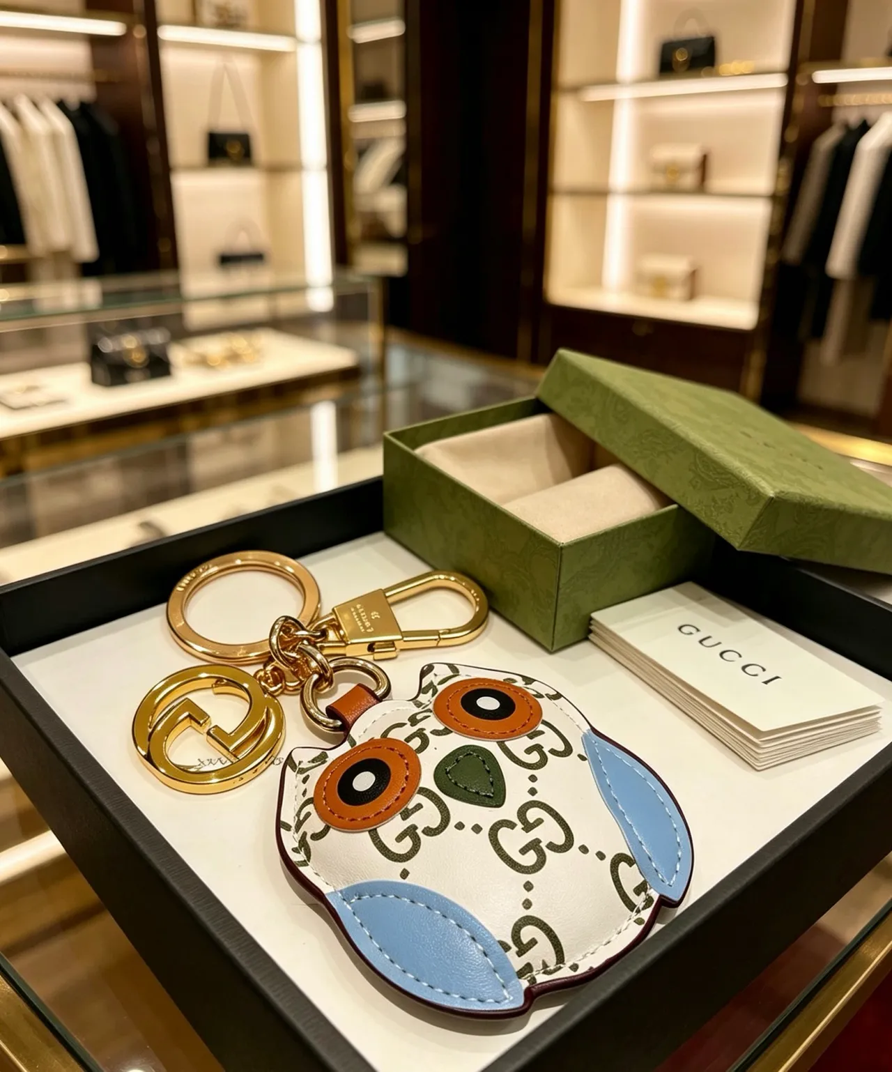 Gucci White Blue Owl-Shaped GG Monogram Leather Phone Case