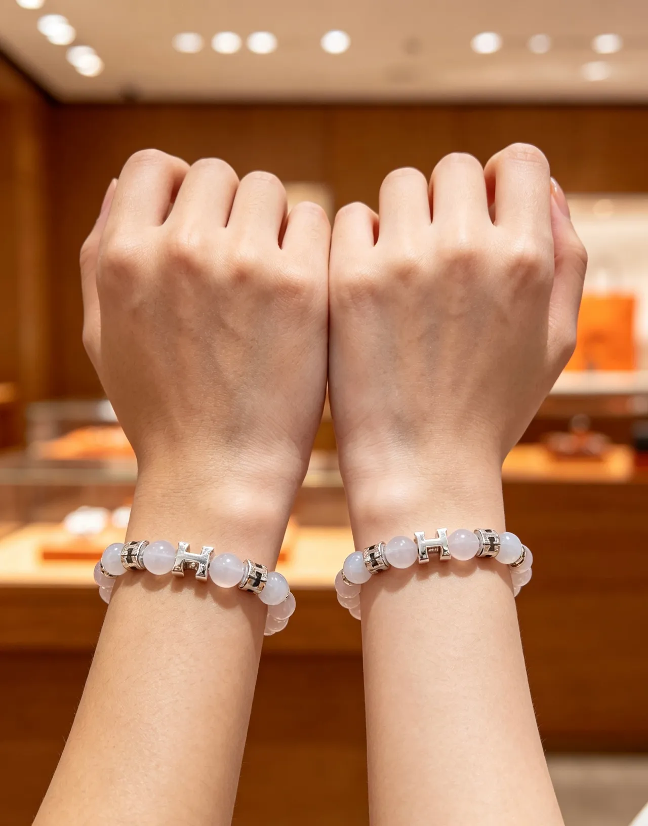 Hermès Beige Silver Beaded H-Motif Charms Bracelet