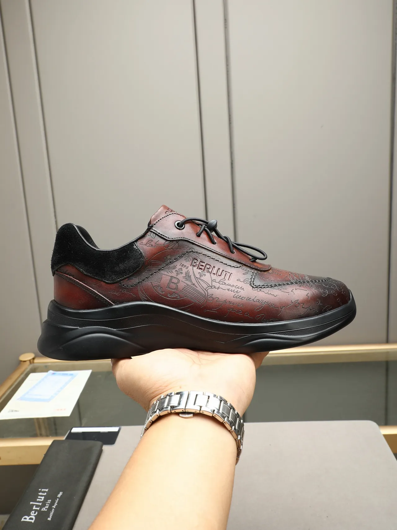 Berluti Embossed Script Leather Brown and Black Lifestyle Sneaker