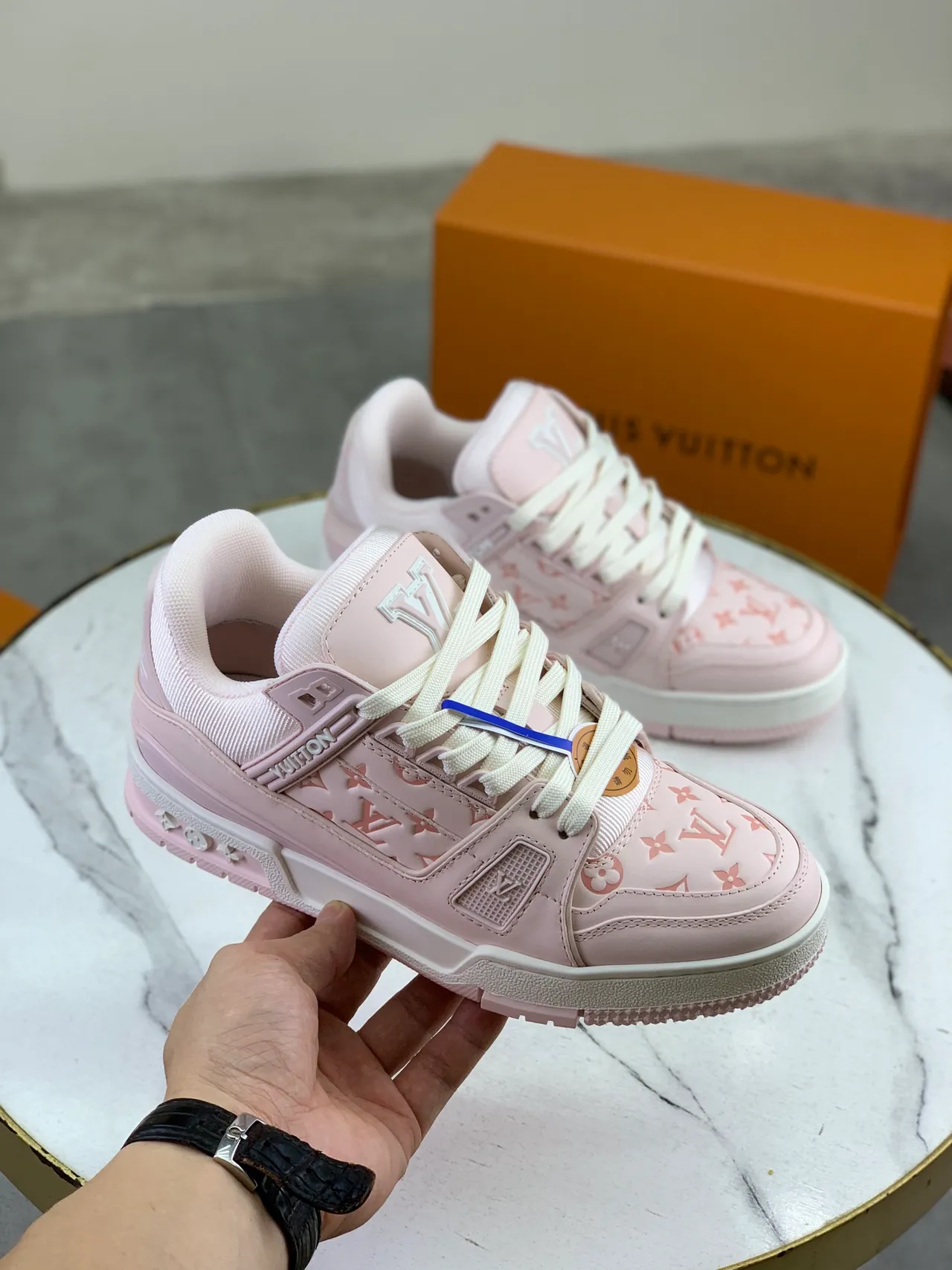 Louis Vuitton LV Trainer Pink White Monogrammed Leather Layered Heel Cage Lifestyle Sneakers
