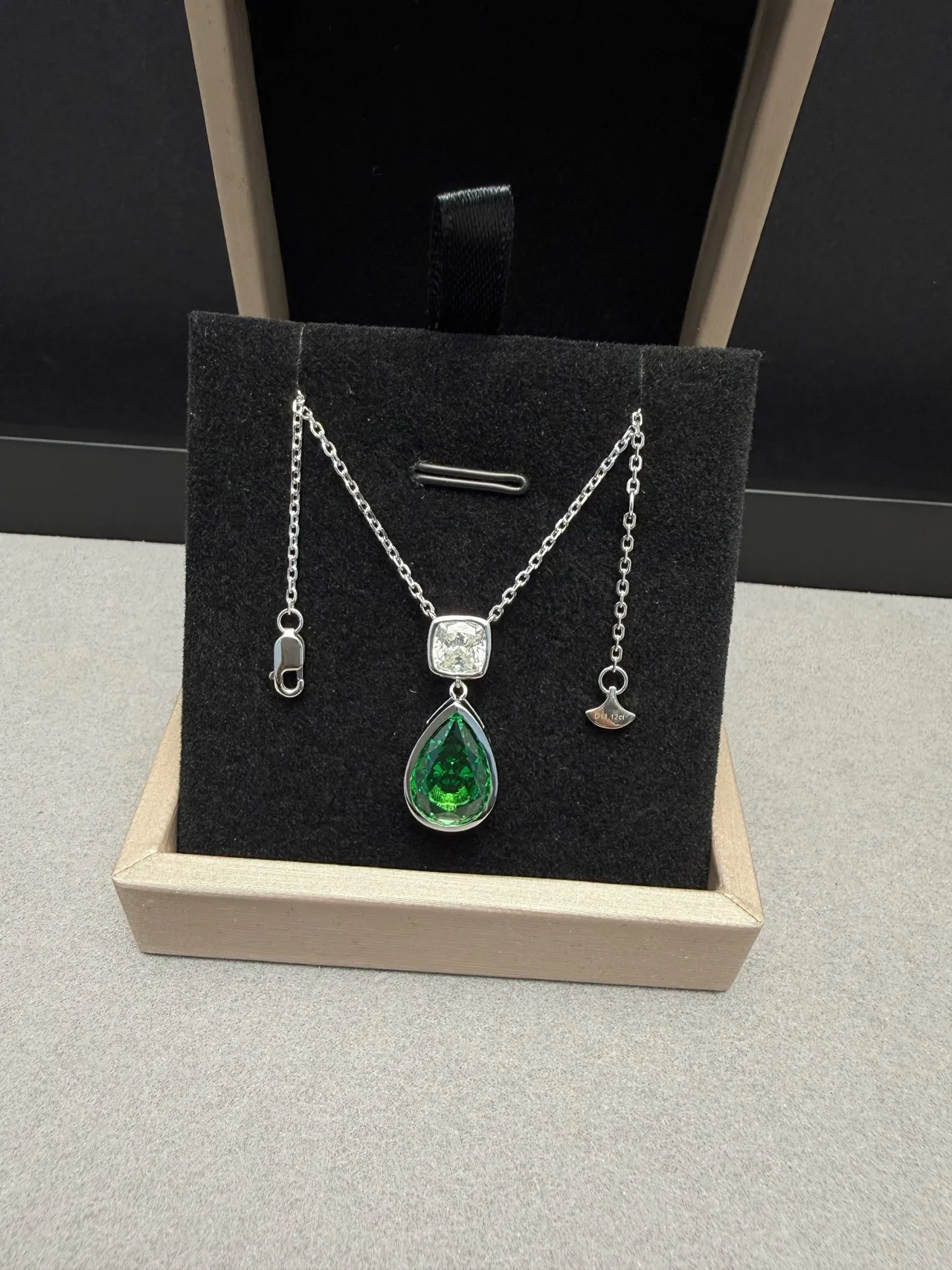 Pear-Shaped Green Gemstone and Square Accent Stone Bezel-Set Pendant Necklace