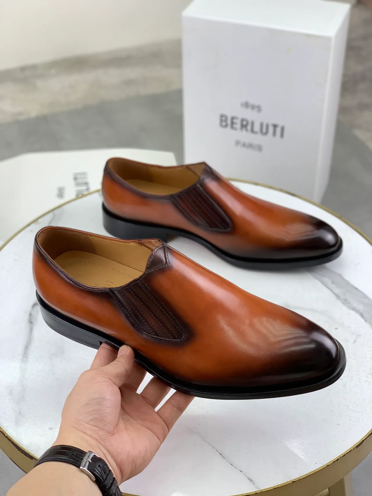 BERLUTI Brown Black Two-Tone Patina Slip-On Leather Shoes
