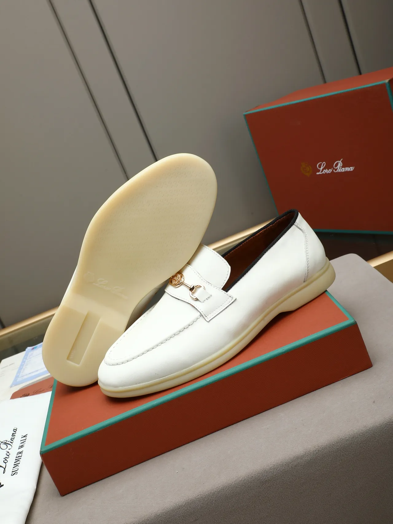 Loro Piana White Beige Leather Horsebit Buckle Loafer