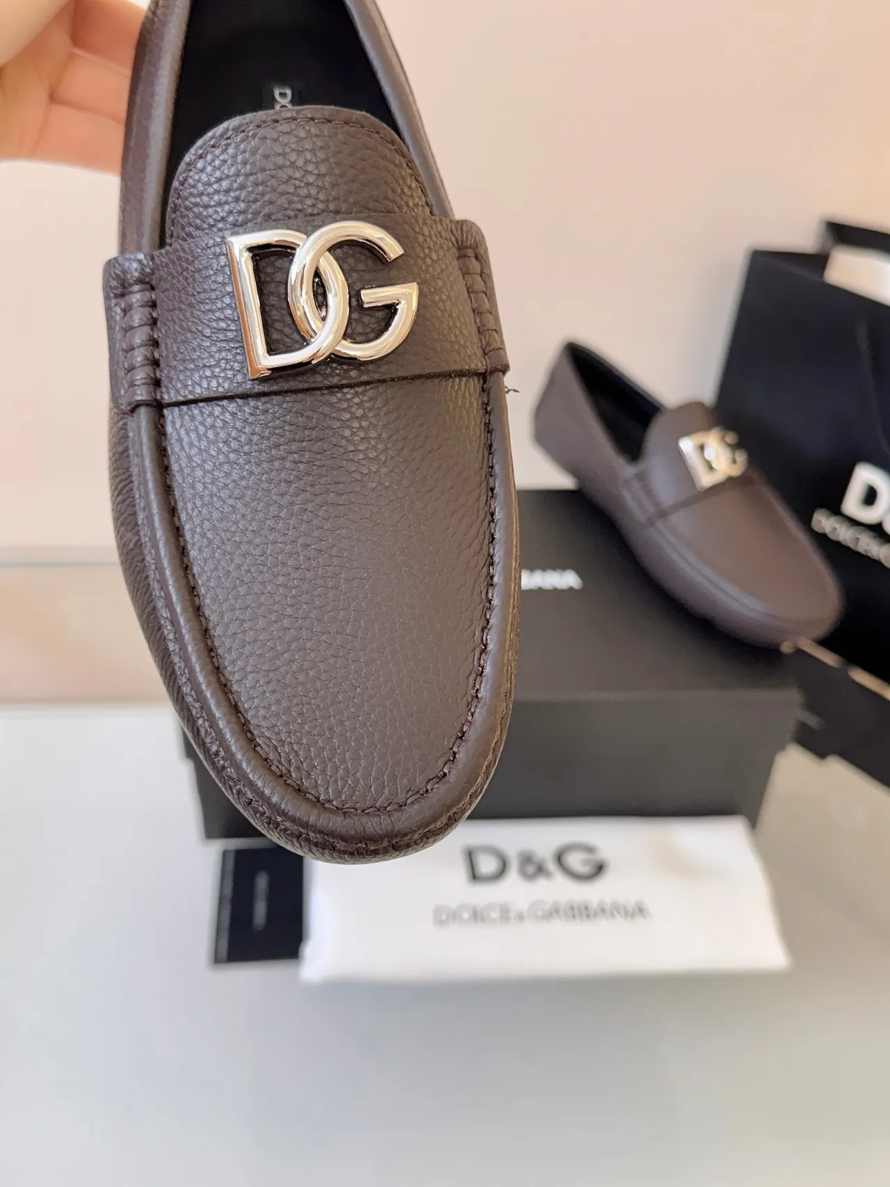 Dolce & Gabbana Brown Silver Pebbled Leather Metal DG Buckle Loafer