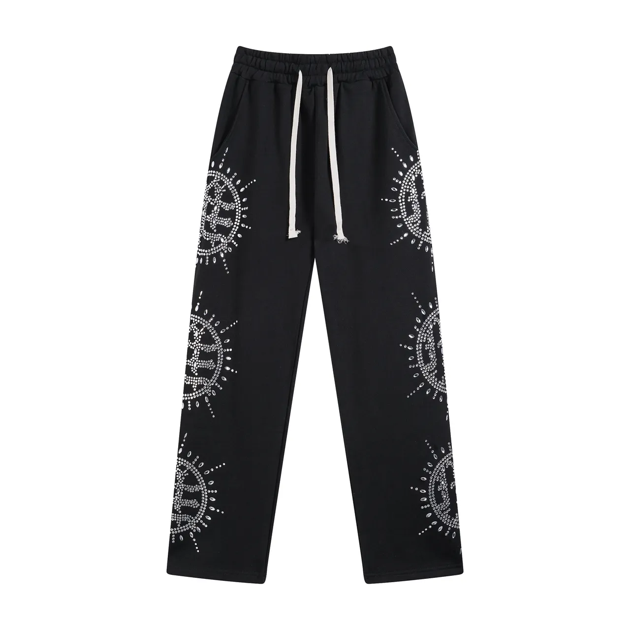 Black Rhinestone-Embellished Elastic-Waist Relaxed Sweatpants