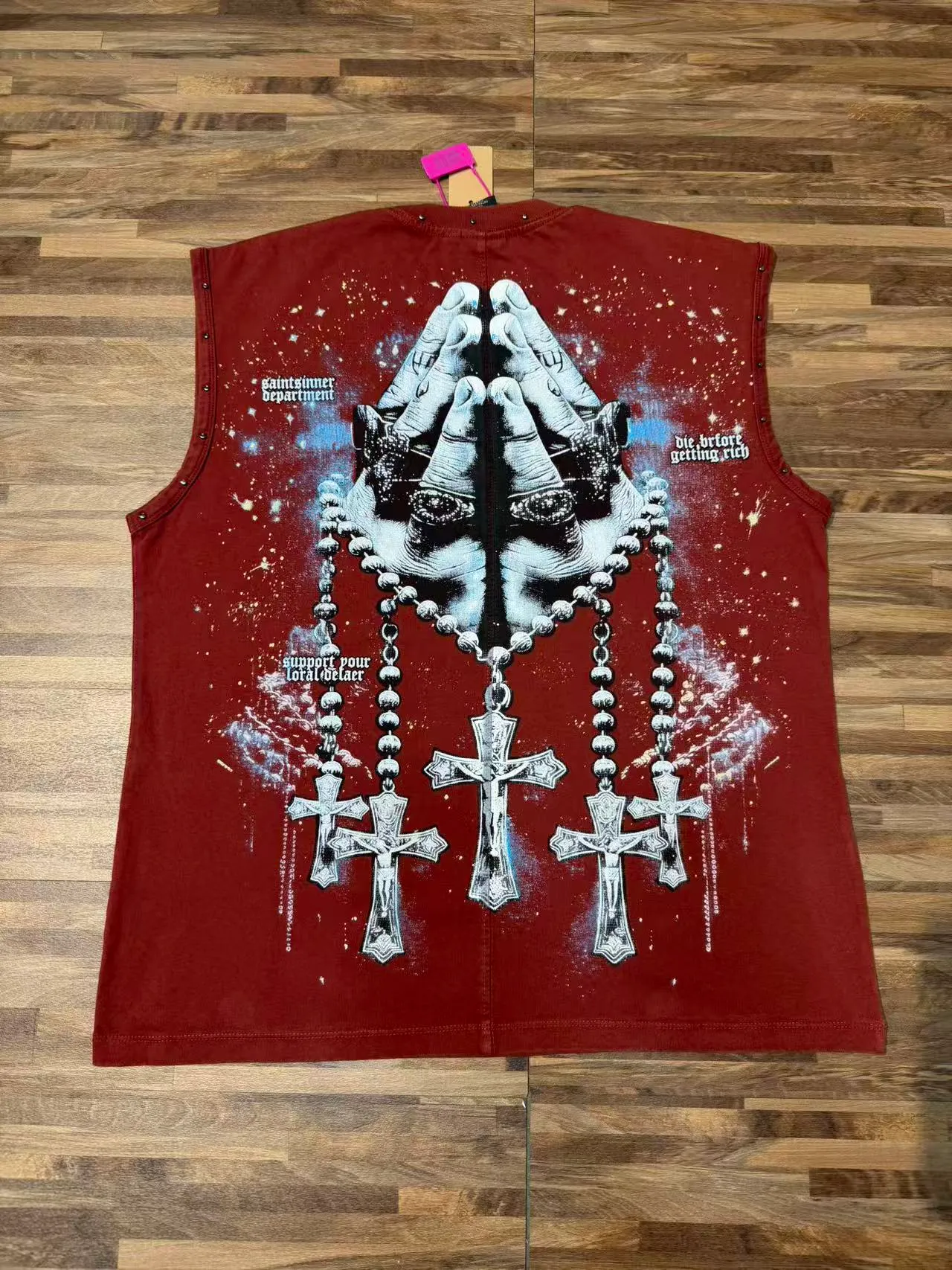 SAINT-SINNER Burgundy Black Graphic-Print Studded Shoulders Vest Top
