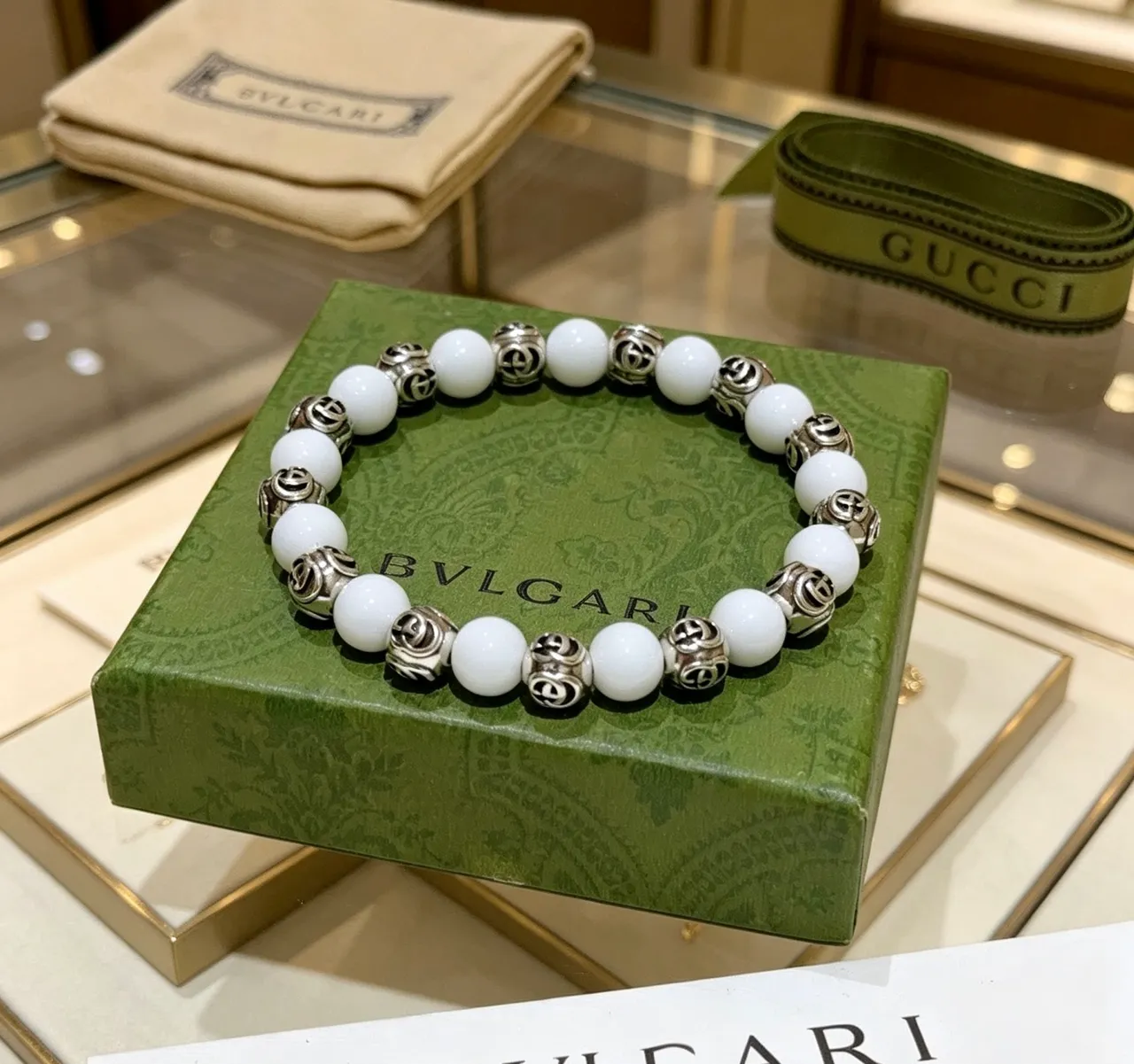 Bvlgari White Silver Beaded Spherical Stones Bracelet