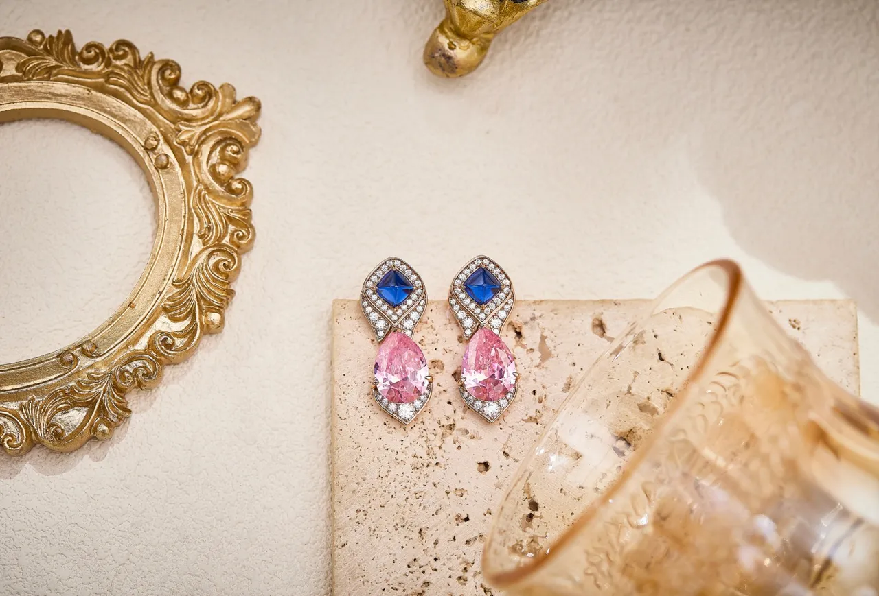 Red Pink Two-Stone Drop Pavé Diamond Halo Earrings