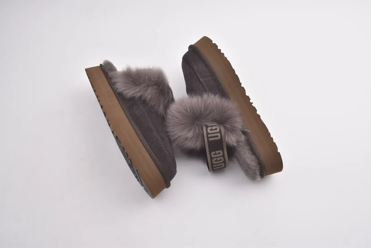UGG Gray Brown Platform Sole Fur-Trimmed Slippers