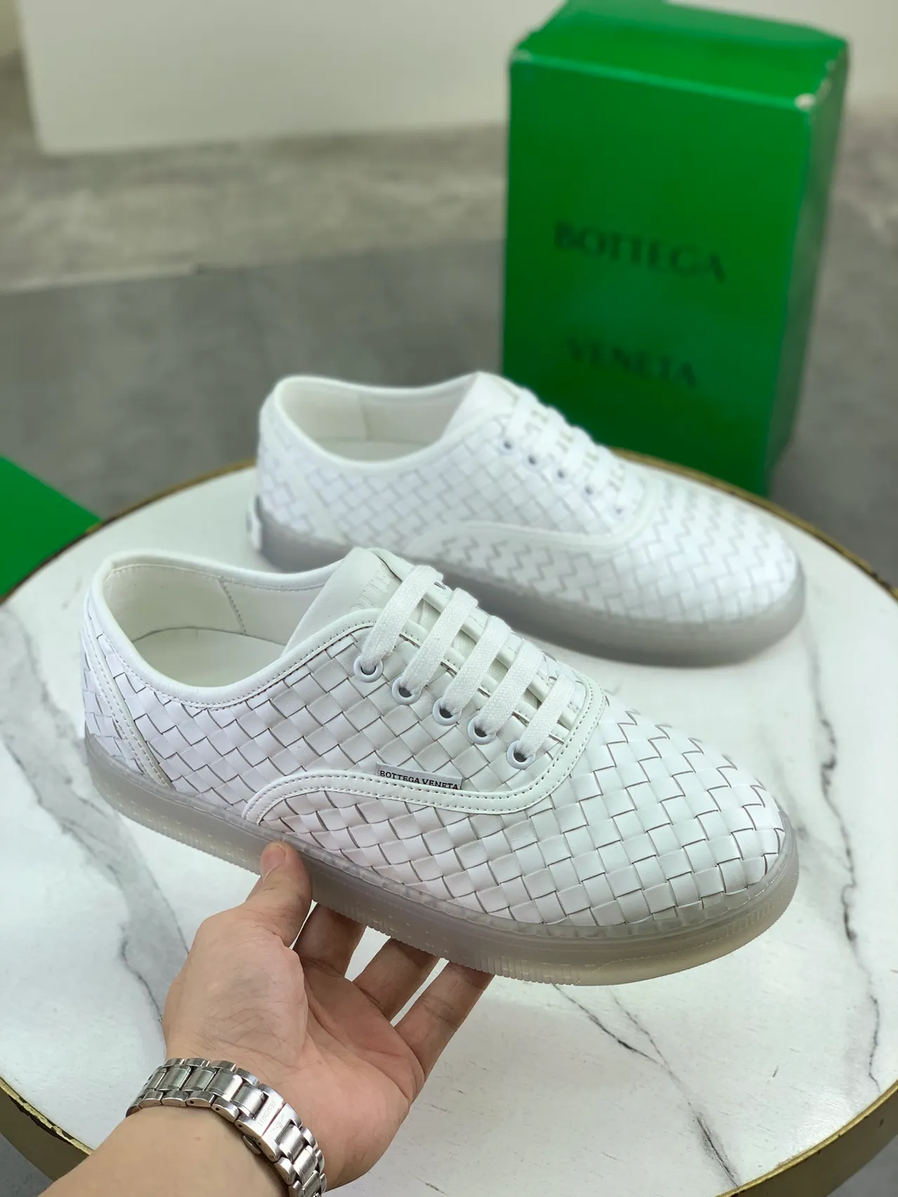 Bottega Veneta Cassette White Woven Leather Lifestyle Sneakers