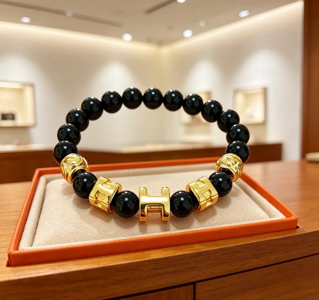 Hermès H Collection Black Onyx and Gold-Tone Beaded Bracelet