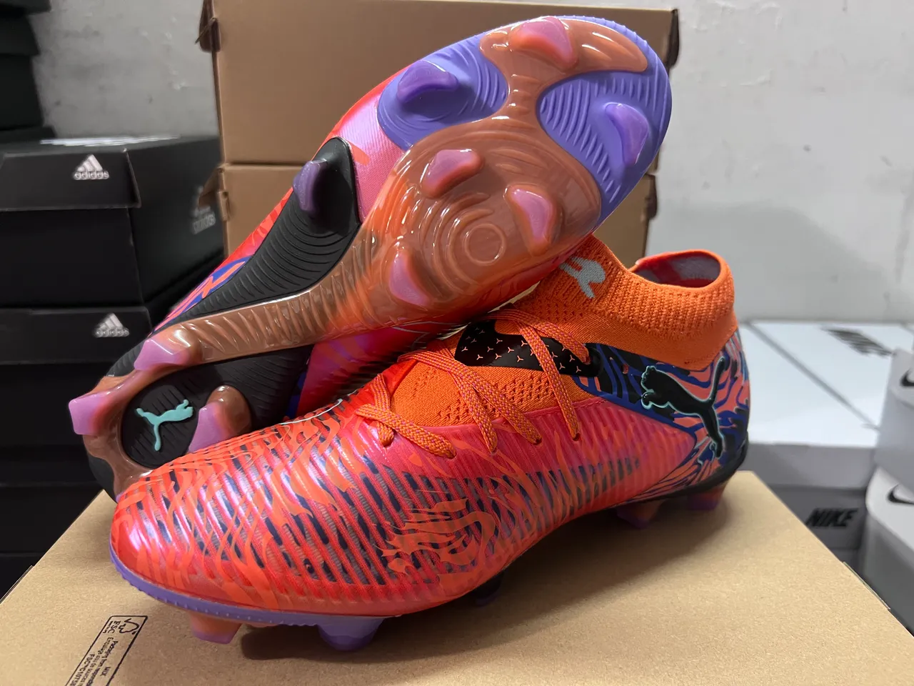 Puma Orange Blue High-Cut Knit Collar Flame-Pattern Graphic Overlay Firm-Ground Soccer Shoes