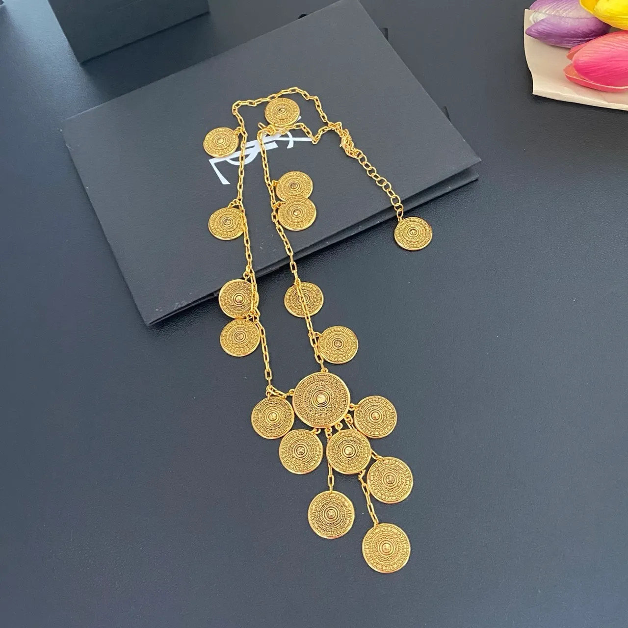 Saint Laurent Gold Coin-Inspired Multi-Tiered Chain Necklace