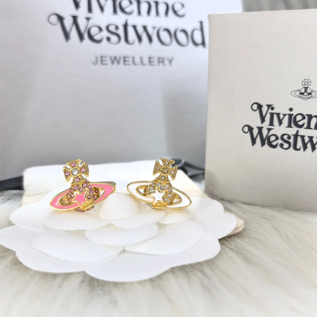 Vivienne Westwood Orb Gold Pink Metal Enamel Earrings