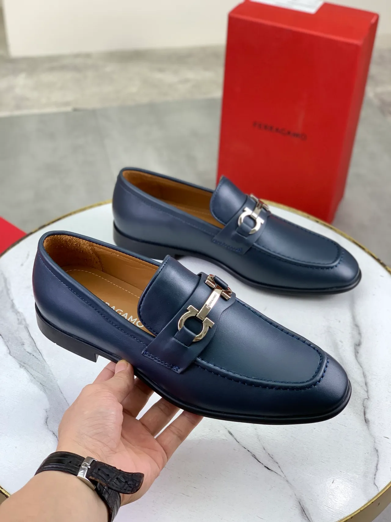 Salvatore Ferragamo Gancini Loafer Navy Leather Loafers