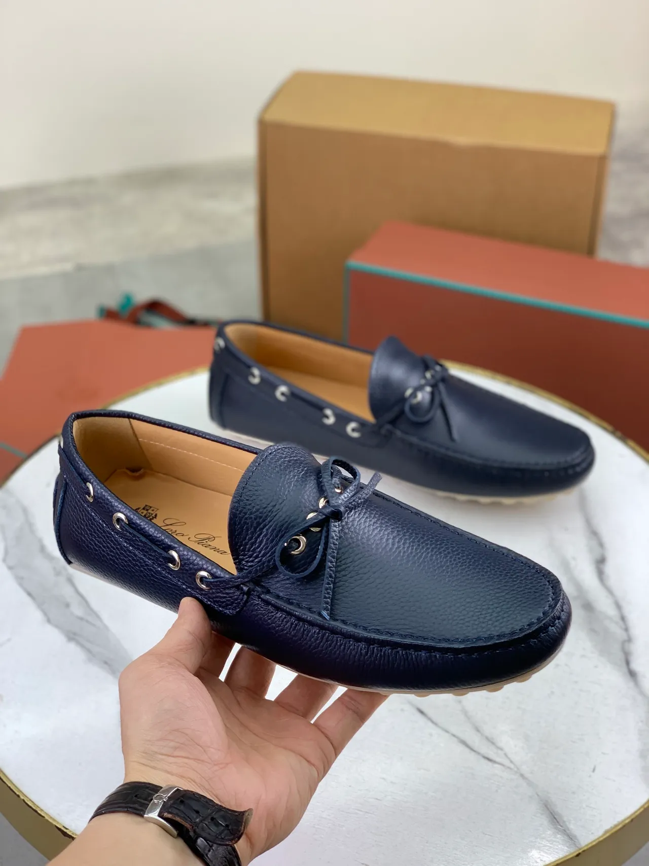 Navy Beige Pebbled Leather Decorative Bow Boat Shoes