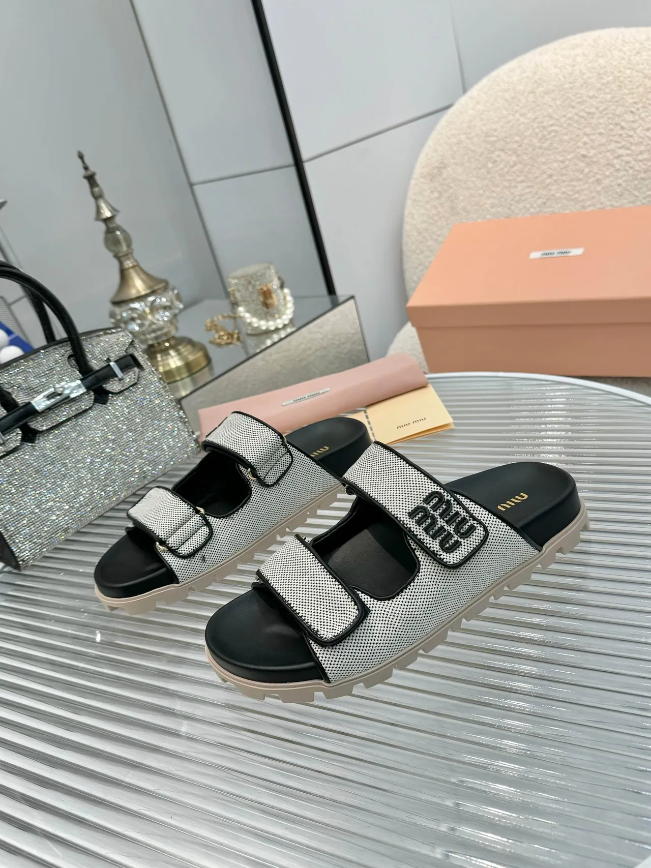Miu Miu Wander Double-Strap Woven Mesh Slippers
