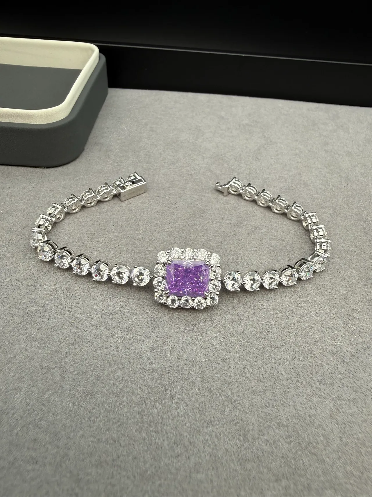 Purple Silver Square-Cut Central Gemstone Halo Setting Bracelet