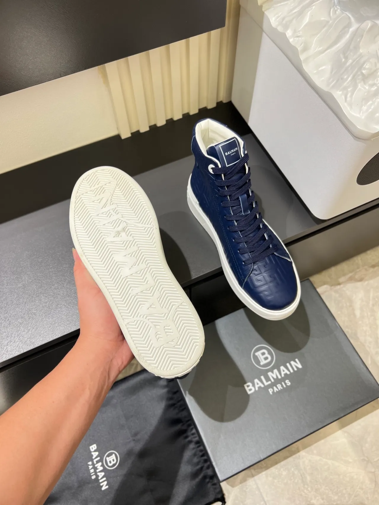 Balmain Navy White High-Top Embossed Geometric Pattern Lifestyle Sneakers