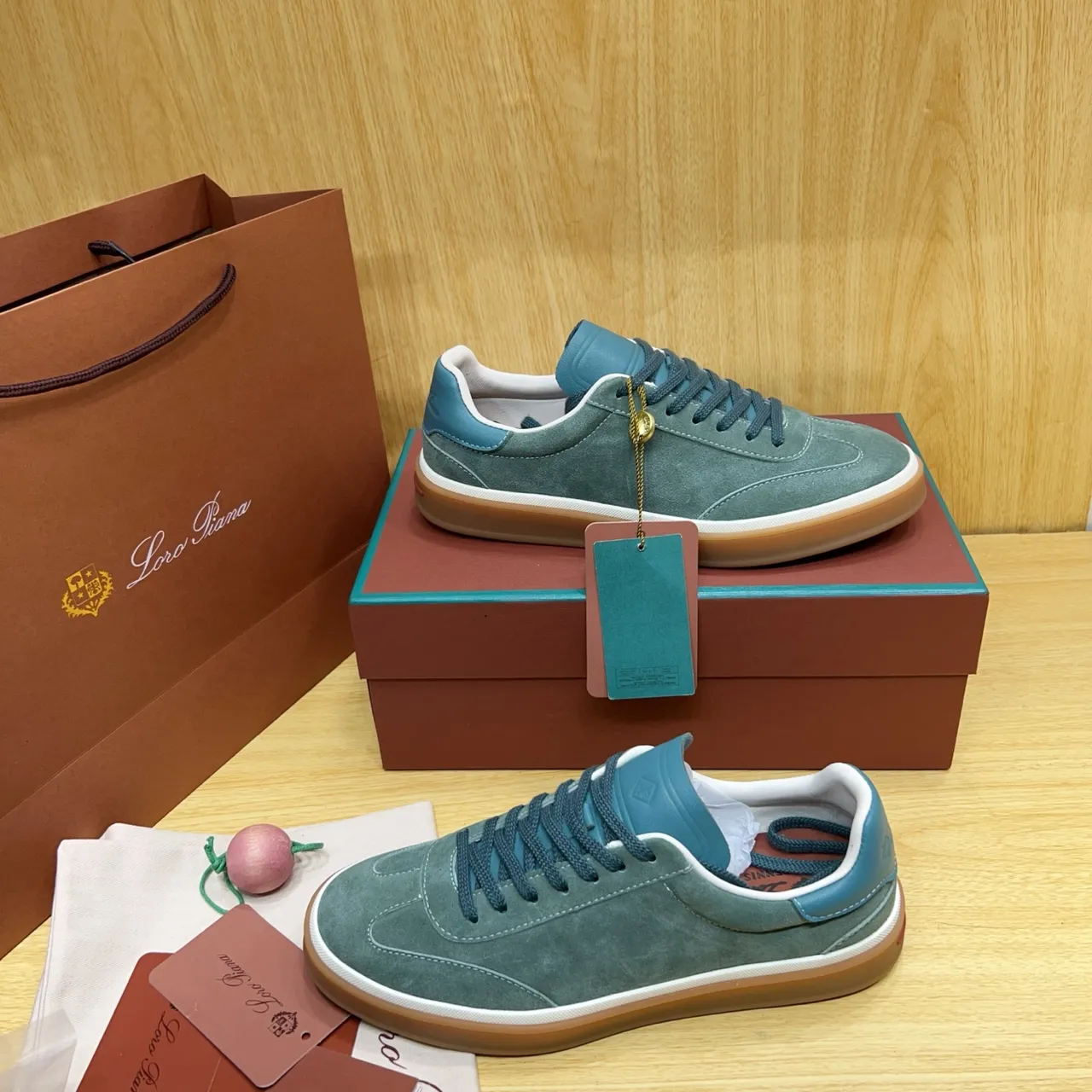 Loewe Green Blue Suede Upper Two-Tone Color Blocking Sneakers