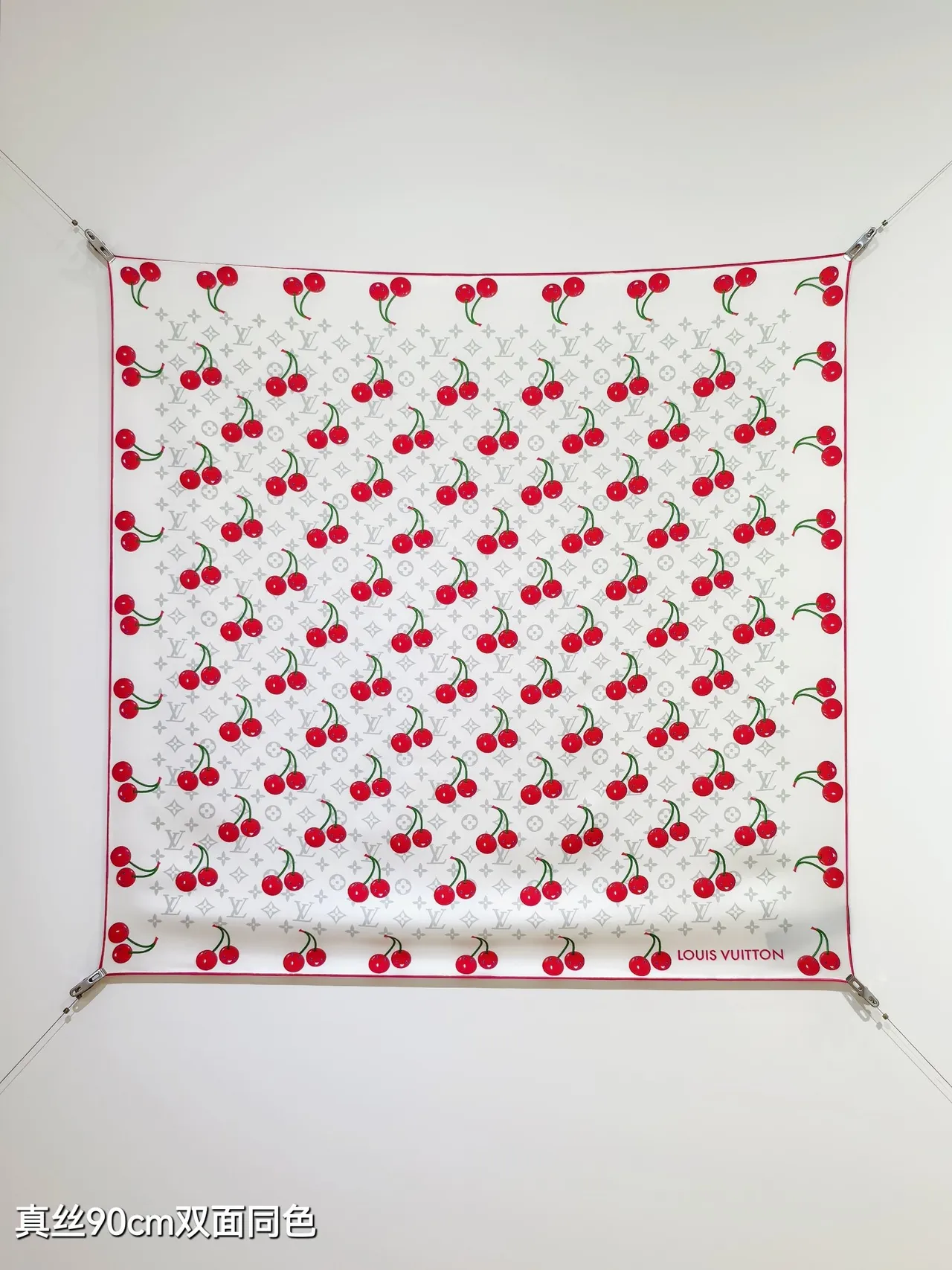 Louis Vuitton LV x TM Monogram Cerise White Red Square Cherry Print Silk Scarf